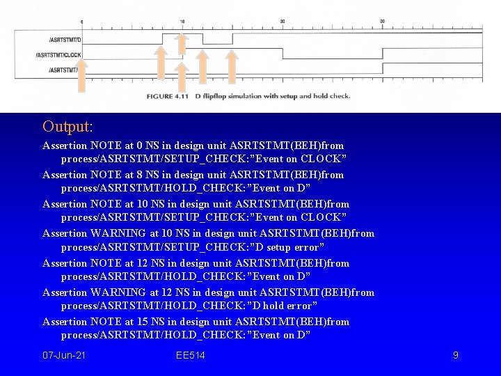 Assertion statement Output: Assertion NOTE at 0 NS in design unit ASRTSTMT(BEH)from process/ASRTSTMT/SETUP_CHECK: ”Event