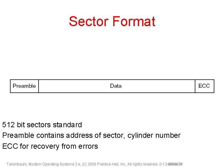 Sector Format 512 bit sectors standard Preamble contains address of sector, cylinder number ECC