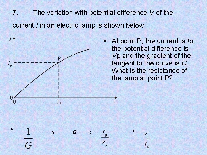 7. The variation with potential difference V of the current I in an electric