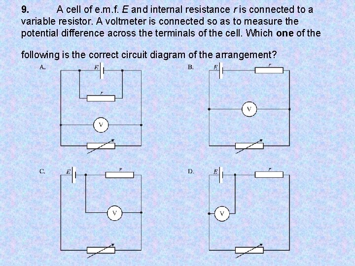 9. A cell of e. m. f. E and internal resistance r is connected
