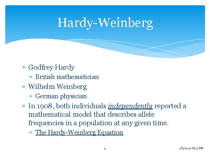 Hardy-Weinberg Godfrey Hardy British mathematician Wilhelm Weinberg German physician In 1908, both individuals independently