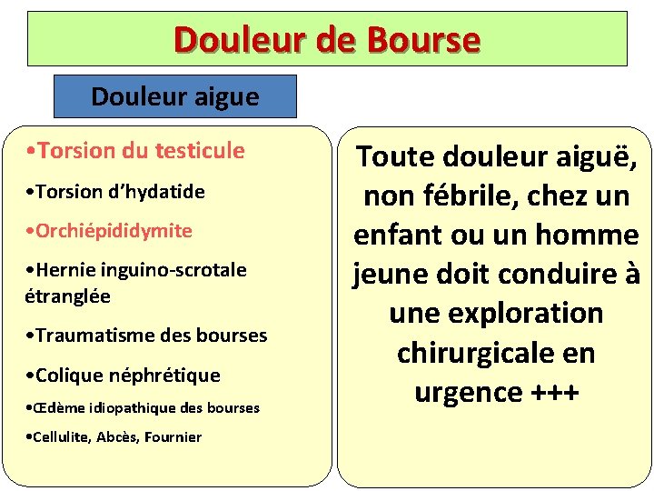 Douleur de Bourse Douleur aigue • Torsion du testicule • Torsion d’hydatide • Orchiépididymite