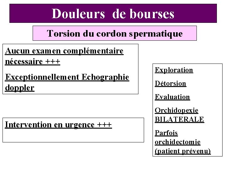 Douleurs de bourses Torsion du cordon spermatique Aucun examen complémentaire nécessaire +++ Exceptionnellement Echographie