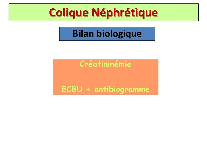 Colique Néphrétique Bilan biologique Créatininémie ECBU + antibiogramme 