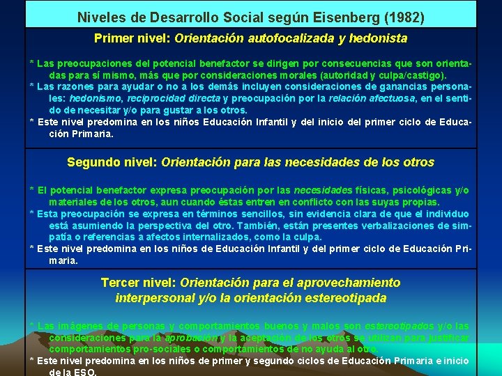 Niveles de Desarrollo Social según Eisenberg (1982) Primer nivel: Orientación autofocalizada y hedonista *