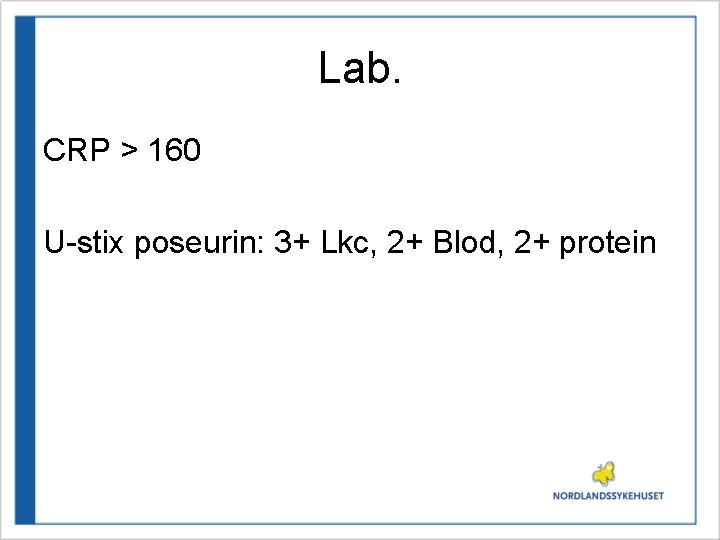 Lab. CRP > 160 U-stix poseurin: 3+ Lkc, 2+ Blod, 2+ protein 