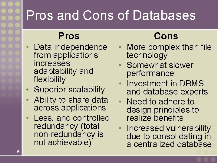 Pros and Cons of Databases 5 Pros Cons • Data independence from applications increases Pros and Cons of Databases 5 Pros Cons • Data independence from applications increases