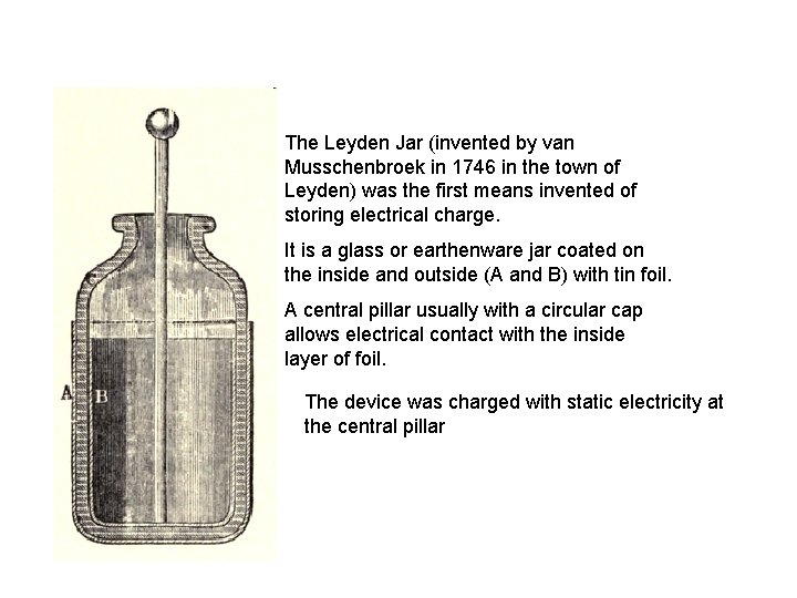 The Leyden Jar (invented by van Musschenbroek in 1746 in the town of Leyden)
