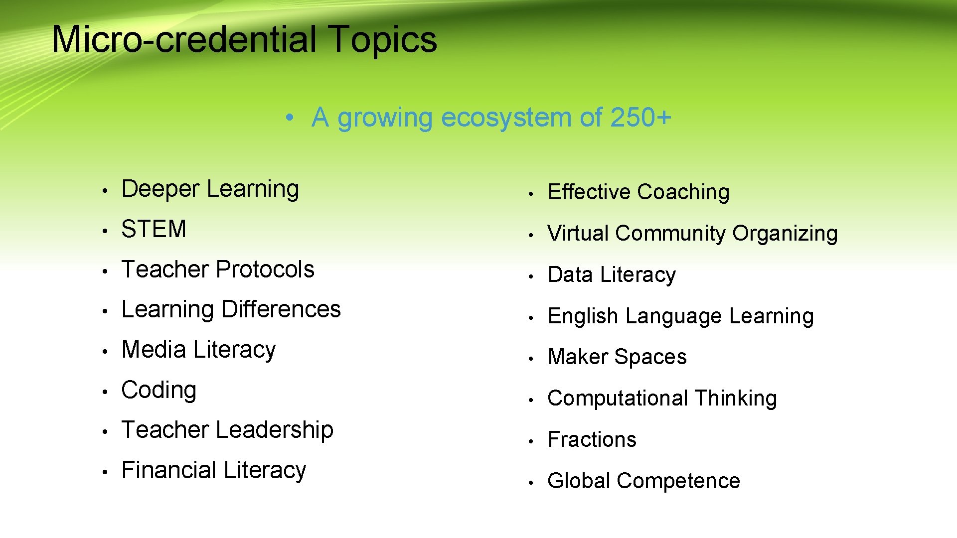 Micro-credential Topics • A growing ecosystem of 250+ • Deeper Learning • Effective Coaching