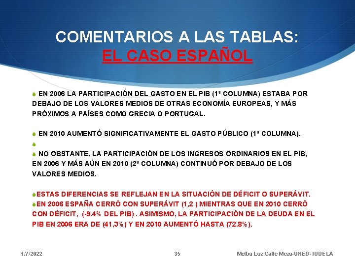 COMENTARIOS A LAS TABLAS: EL CASO ESPAÑOL S EN 2006 LA PARTICIPACIÓN DEL GASTO