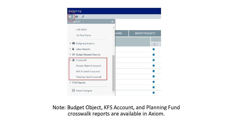 Note: Budget Object, KFS Account, and Planning Fund crosswalk reports are available in Axiom.