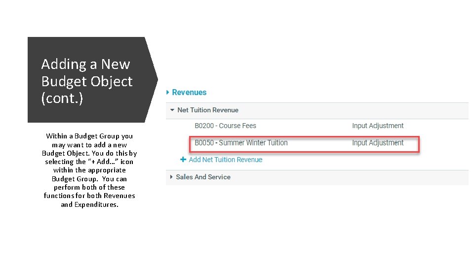 Adding a New Budget Object (cont. ) Within a Budget Group you may want