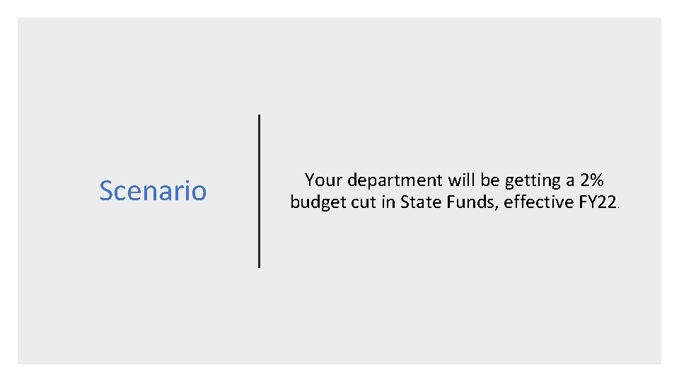 Scenario Your department will be getting a 2% budget cut in State Funds, effective