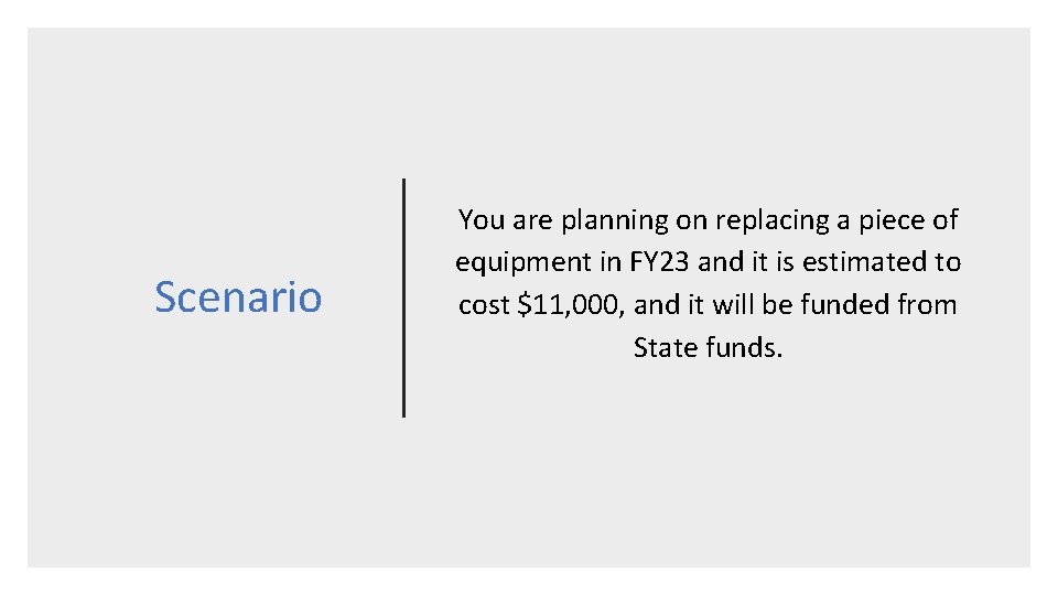 Scenario You are planning on replacing a piece of equipment in FY 23 and