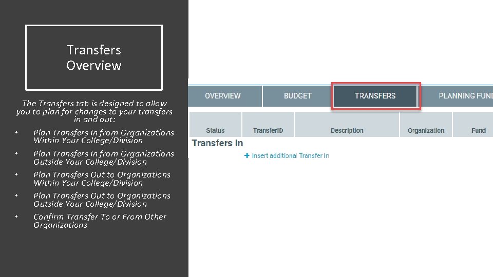 Transfers Overview The Transfers tab is designed to allow you to plan for changes