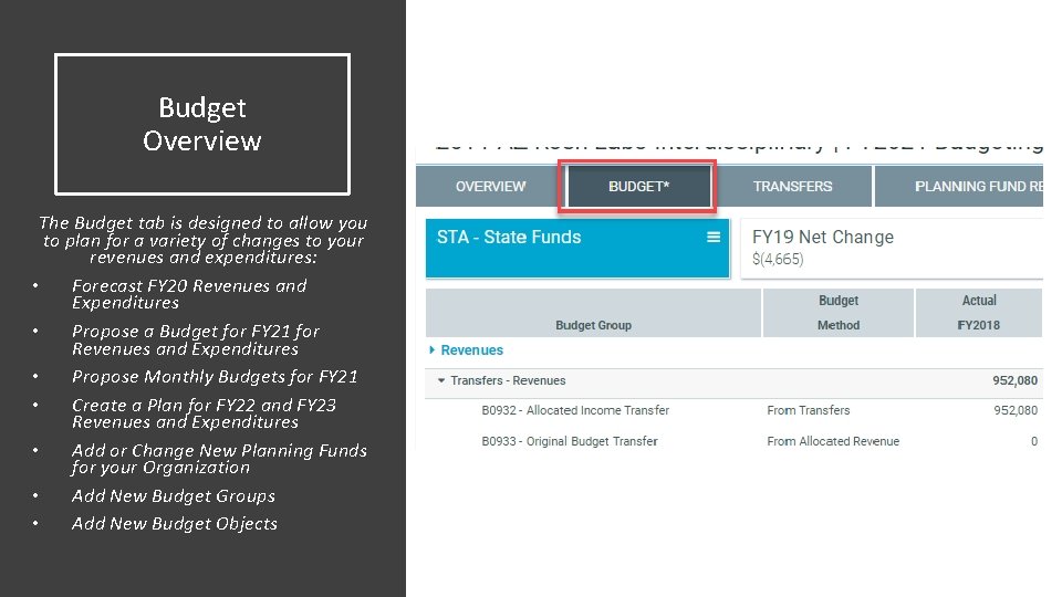 Budget Overview The Budget tab is designed to allow you to plan for a