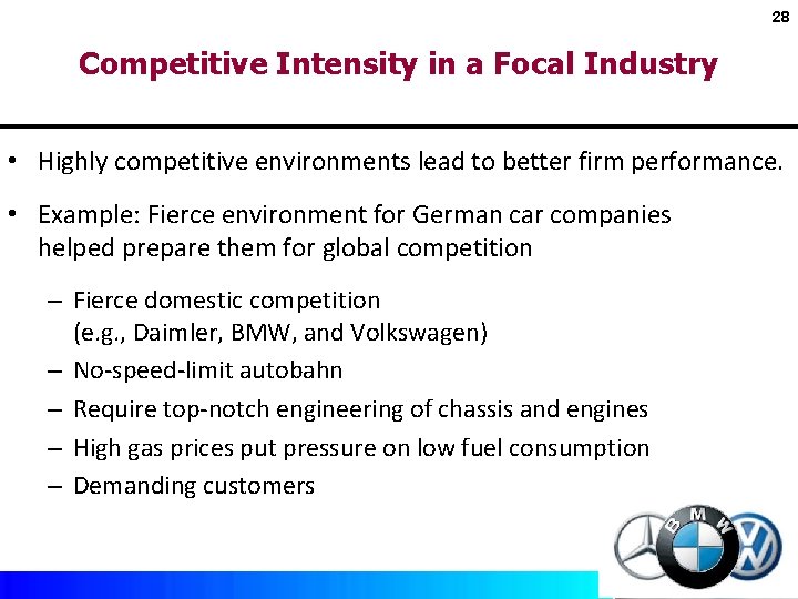 28 Competitive Intensity in a Focal Industry • Highly competitive environments lead to better