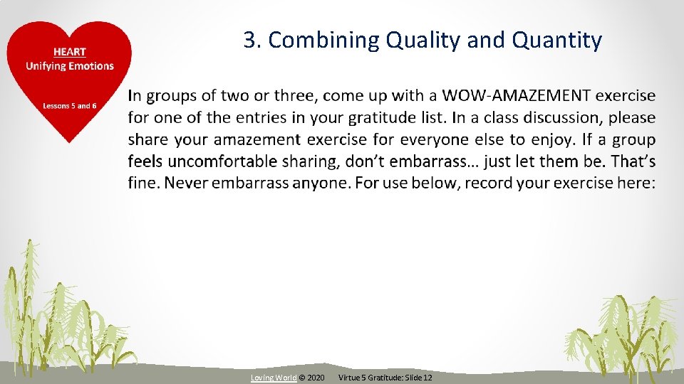 3. Combining Quality and Quantity Loving World © 2020 Virtue 5 Gratitude: Slide 12