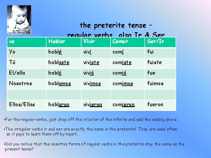 ve Hablar Yo the preterite tense – regular verbs, also Ir & Ser Vivir