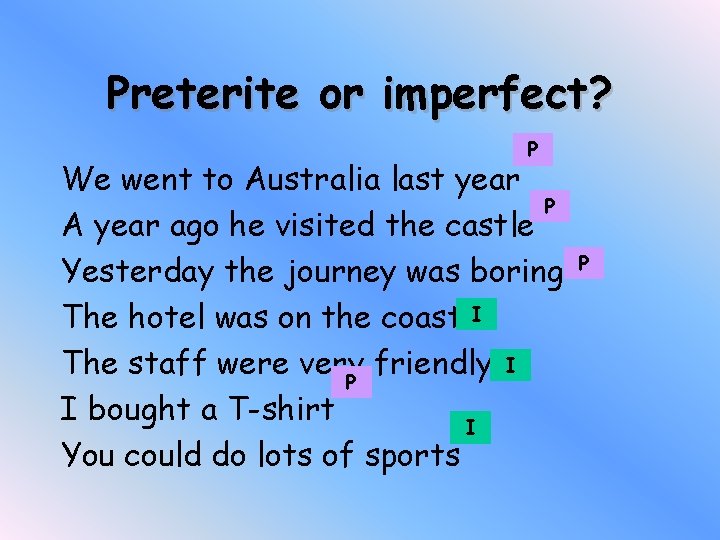 Preterite or imperfect? P We went to Australia last year P A year ago