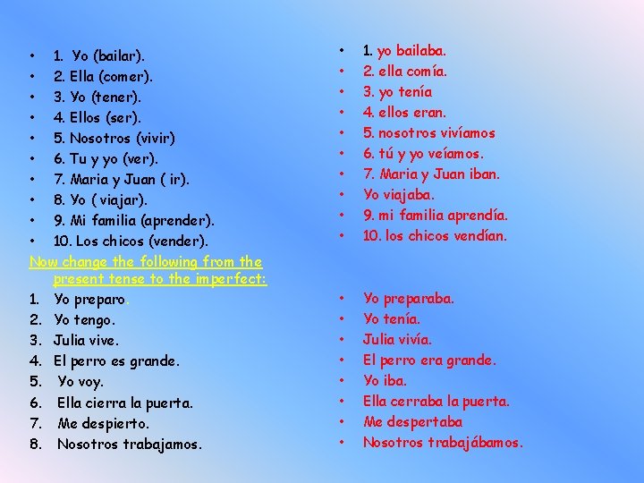  • 1. Yo (bailar). • 2. Ella (comer). • 3. Yo (tener). •