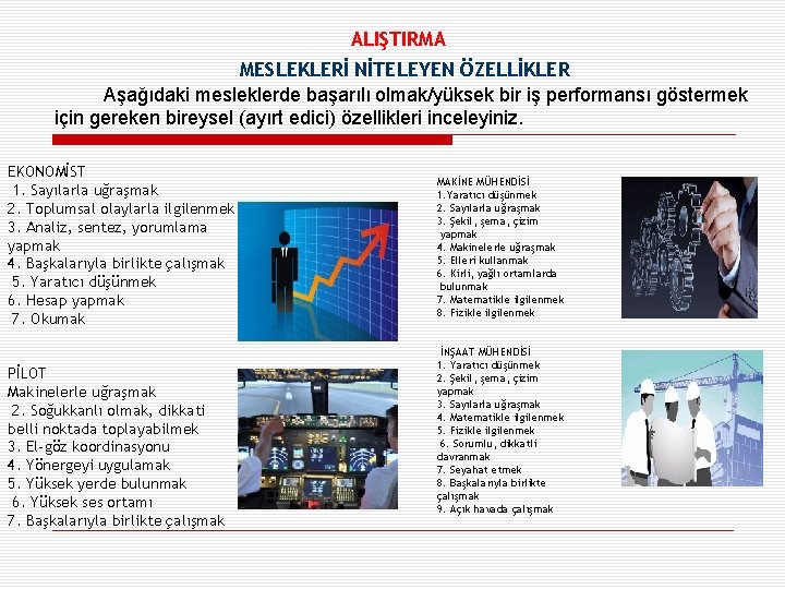 ALIŞTIRMA MESLEKLERİ NİTELEYEN ÖZELLİKLER Aşağıdaki mesleklerde başarılı olmak/yüksek bir iş performansı göstermek için gereken