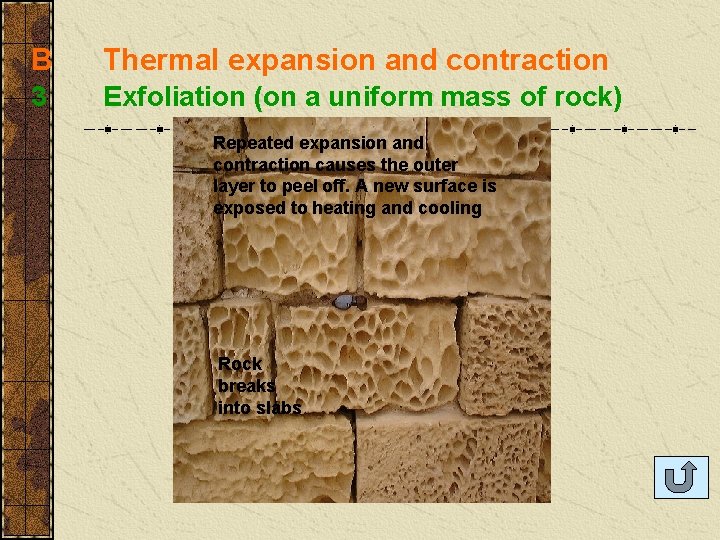 B Thermal expansion and contraction 3 Exfoliation (on a uniform mass of rock) expansion