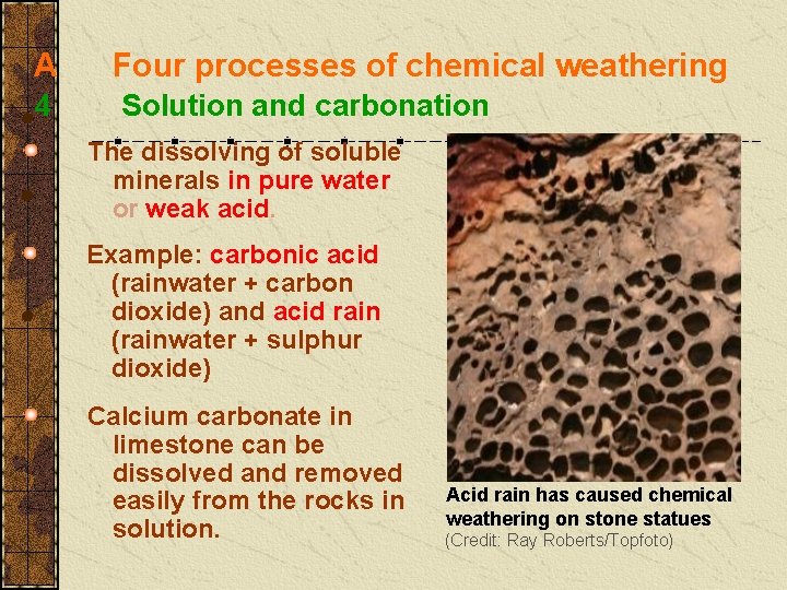 A Four processes of chemical weathering 4 Solution and carbonation The dissolving of soluble