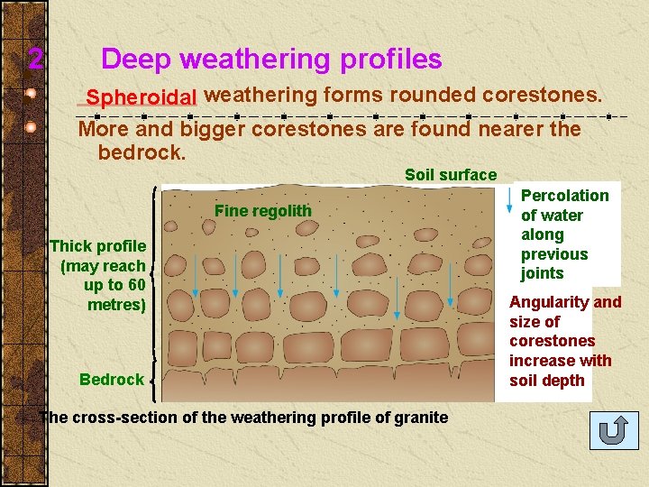 2 Deep weathering profiles _____ Spheroidal weathering forms rounded corestones. More and bigger corestones