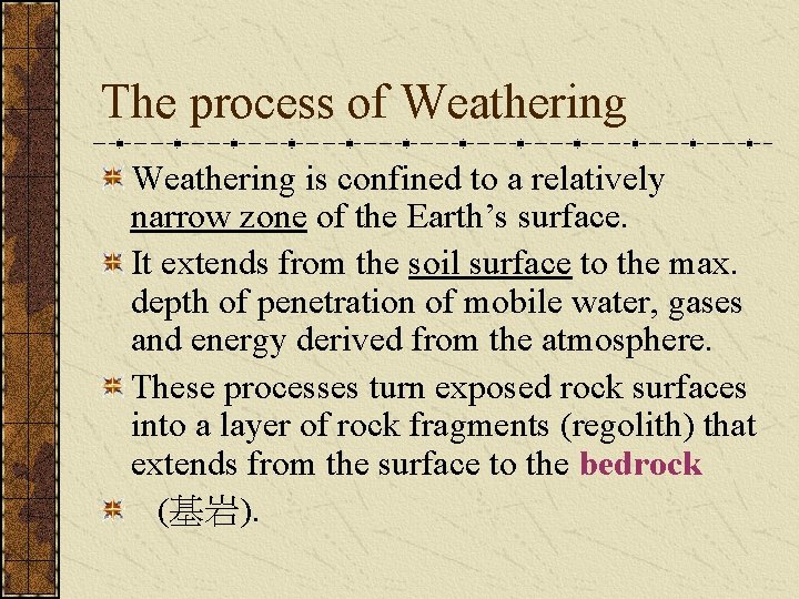 The process of Weathering is confined to a relatively narrow zone of the Earth’s