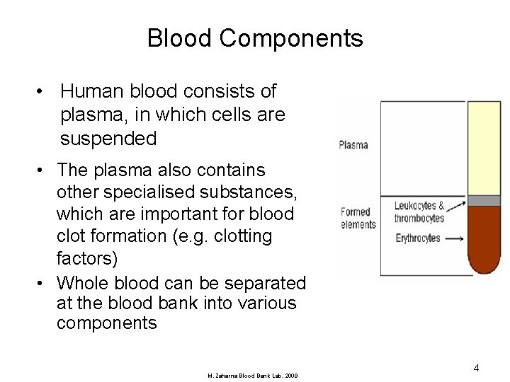 Blood Components • Human blood consists of plasma, in which cells are suspended •