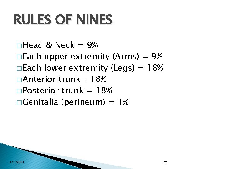 RULES OF NINES � Head & Neck = 9% � Each upper extremity (Arms)