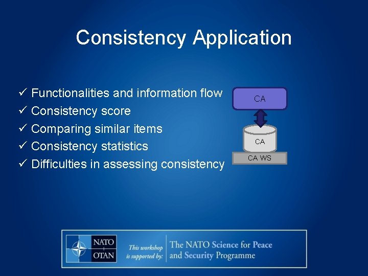 Consistency Application Functionalities and information flow Consistency score Comparing similar items Consistency statistics Difficulties