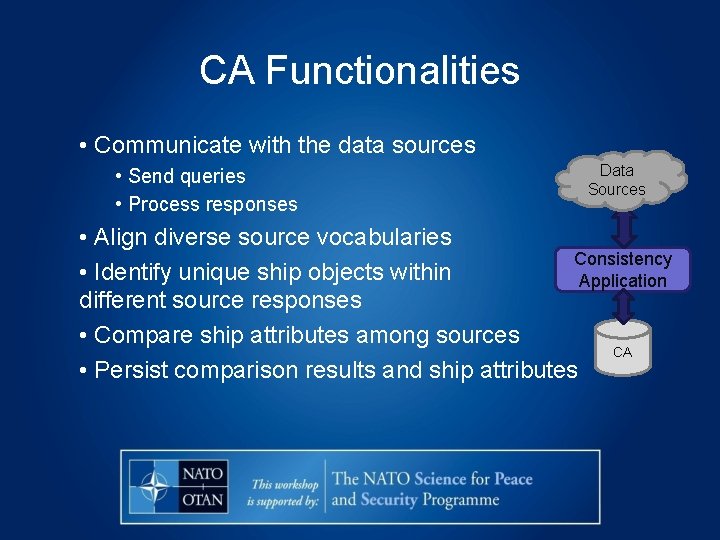 CA Functionalities • Communicate with the data sources • Send queries • Process responses