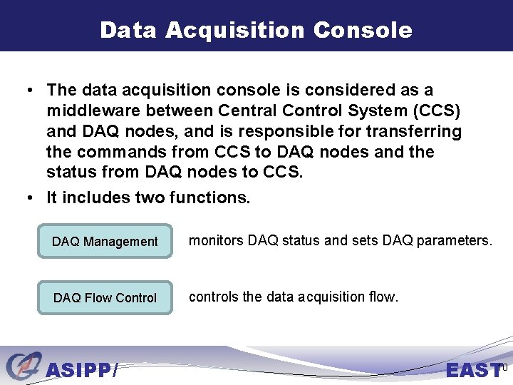 Data Acquisition Console • The data acquisition console is considered as a middleware between