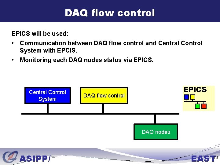 DAQ flow control EPICS will be used: • Communication between DAQ flow control and
