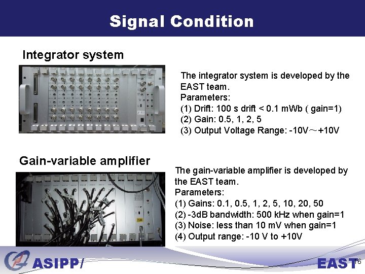 Signal Condition Integrator system The integrator system is developed by the EAST team. Parameters: