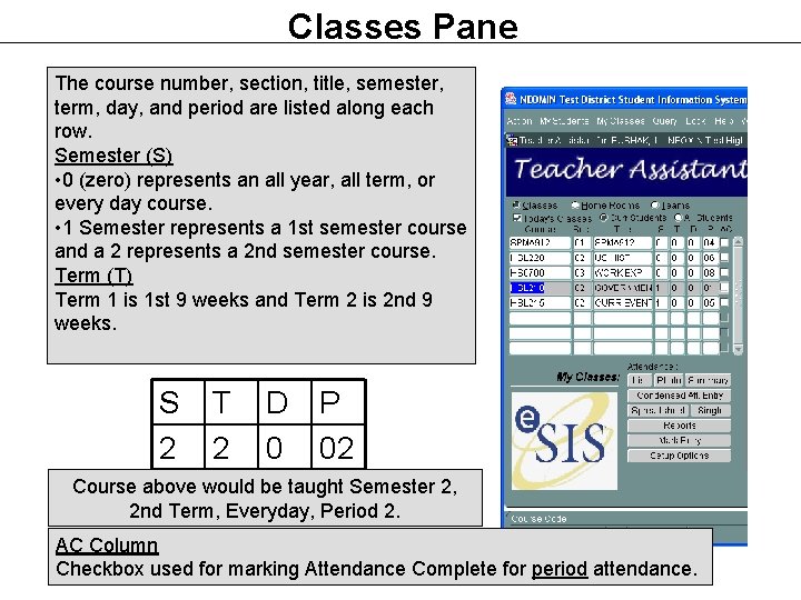 Classes Pane The course number, section, title, semester, term, day, and period are listed Classes Pane The course number, section, title, semester, term, day, and period are listed