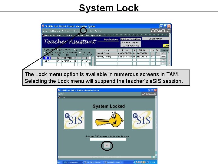 System Lock The Lock menu option is available in numerous screens in TAM. Selecting System Lock The Lock menu option is available in numerous screens in TAM. Selecting
