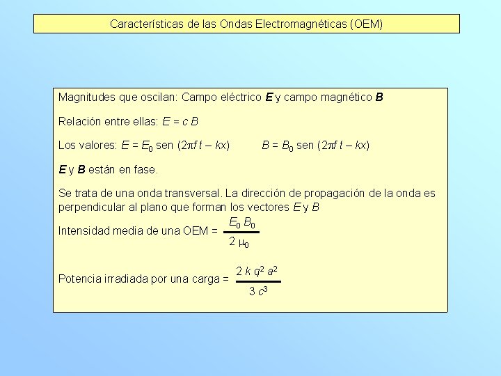 Características de las Ondas Electromagnéticas (OEM) Magnitudes que oscilan: Campo eléctrico E y campo