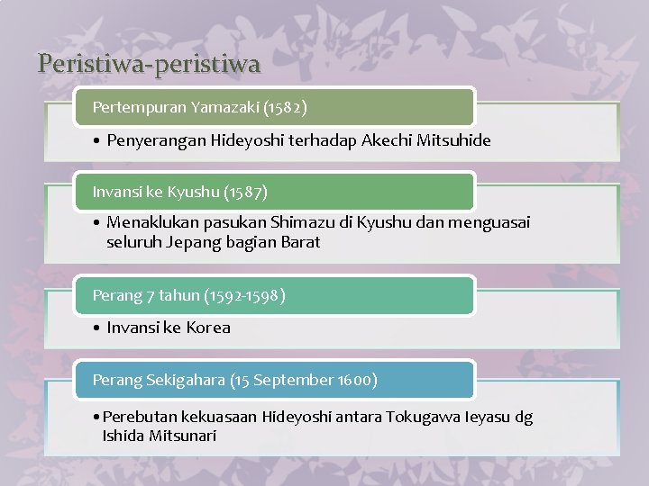 Peristiwa-peristiwa Pertempuran Yamazaki (1582) • Penyerangan Hideyoshi terhadap Akechi Mitsuhide Invansi ke Kyushu (1587)