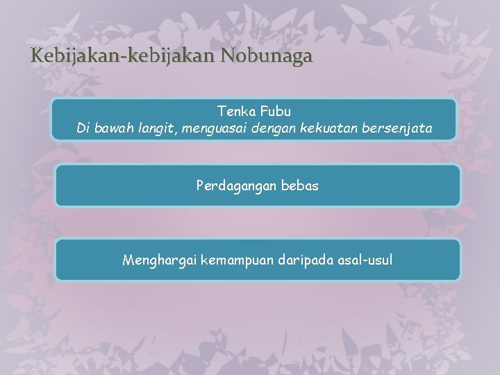 Kebijakan-kebijakan Nobunaga Tenka Fubu Di bawah langit, menguasai dengan kekuatan bersenjata Perdagangan bebas Menghargai