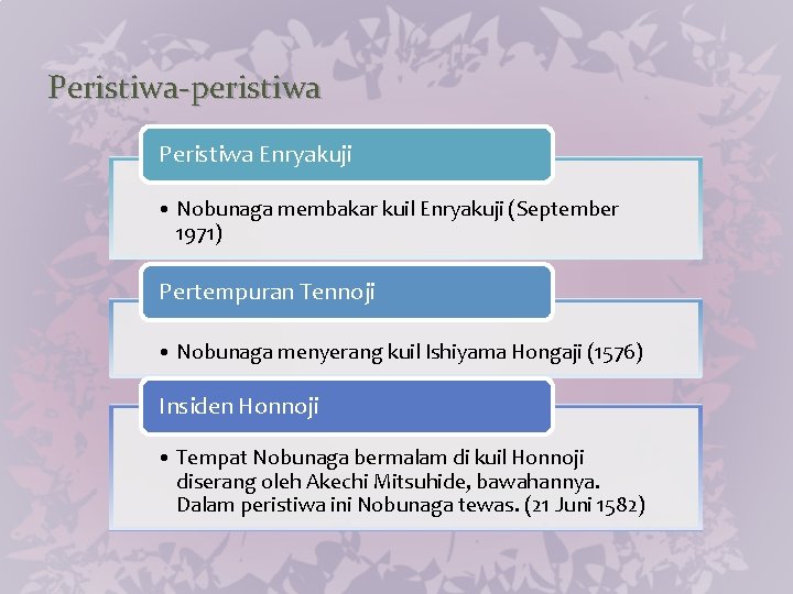 Peristiwa-peristiwa Peristiwa Enryakuji • Nobunaga membakar kuil Enryakuji (September 1971) Pertempuran Tennoji • Nobunaga