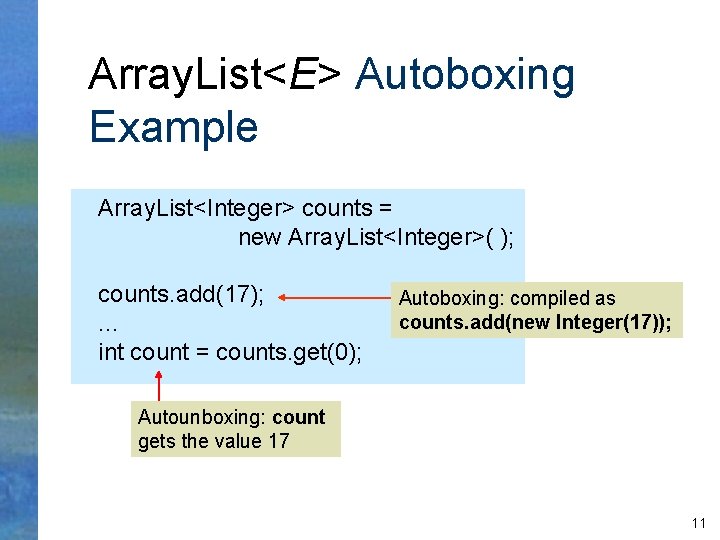 Array. List<E> Autoboxing Example Array. List<Integer> counts = new Array. List<Integer>( ); counts. add(17);