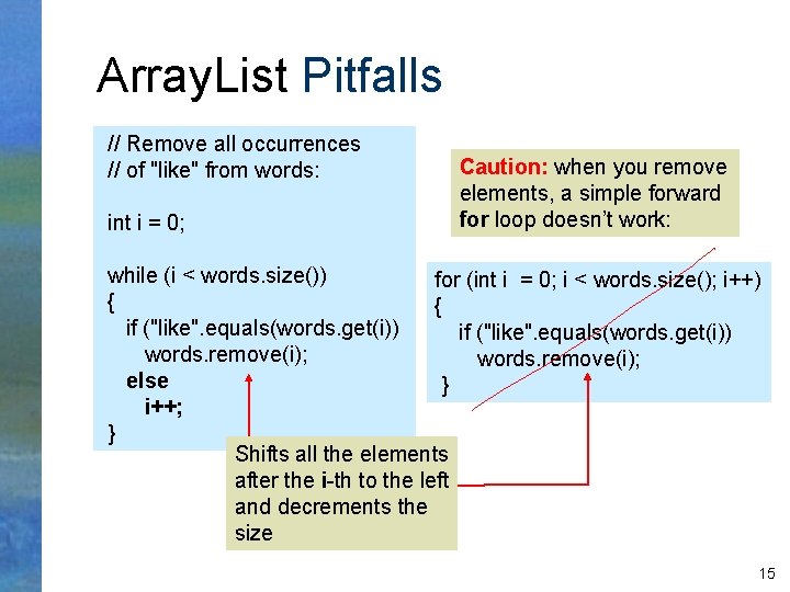 Array. List Pitfalls // Remove all occurrences // of "like" from words: int i