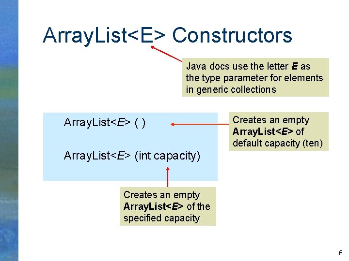 Array. List<E> Constructors Java docs use the letter E as the type parameter for