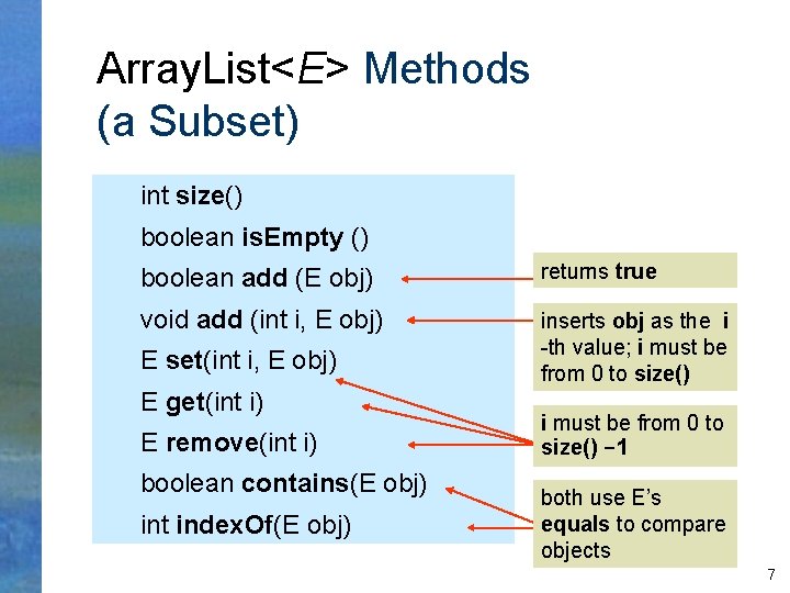 Array. List<E> Methods (a Subset) int size() boolean is. Empty () boolean add (E