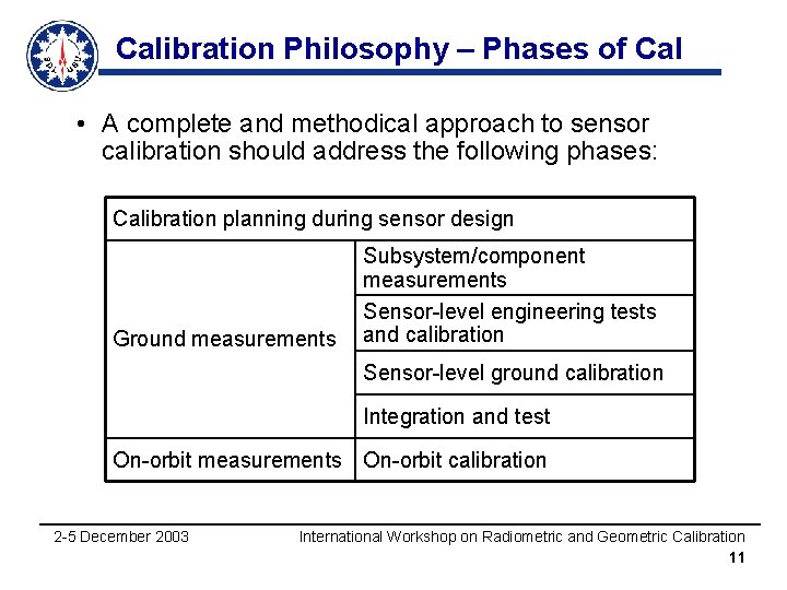 Calibration Philosophy – Phases of Cal • A complete and methodical approach to sensor