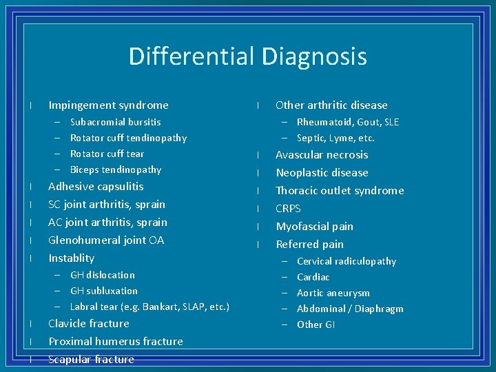 Differential Diagnosis l Impingement syndrome – – l l l Subacromial bursitis Rotator cuff