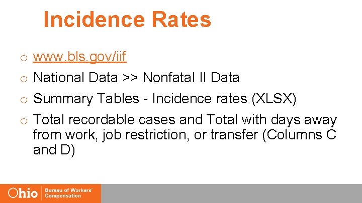 Incidence Rates o o www. bls. gov/iif National Data >> Nonfatal II Data Summary